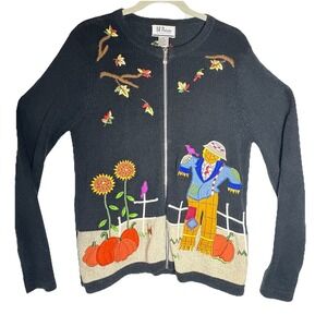 Fall Full Zip Cardigan Sweater Scarecrow Fall Leaves Women's Sz M VTG Soft Black